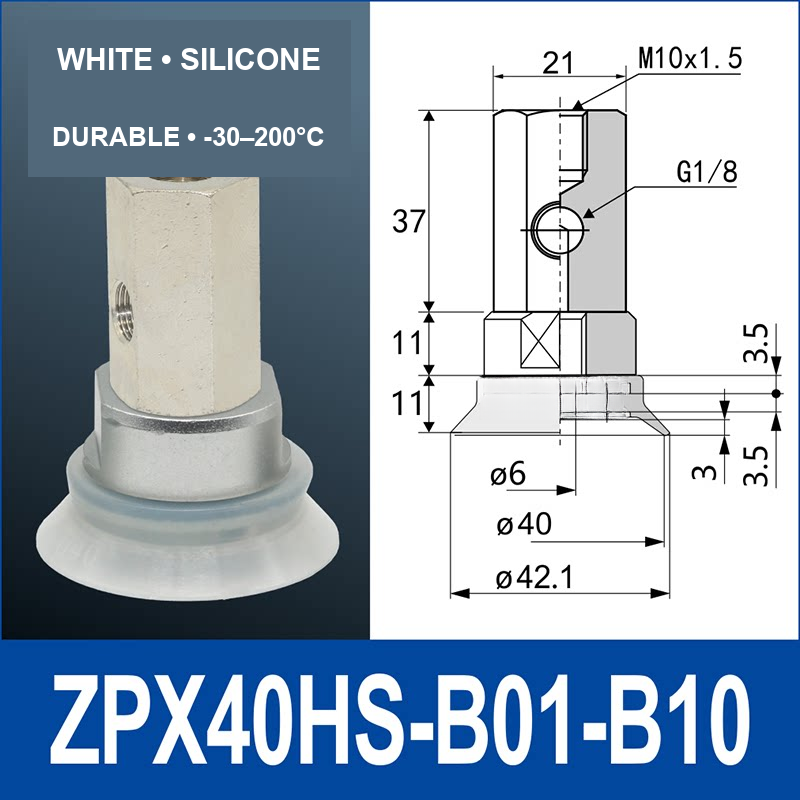 ZPX40HS-B01-B10 heavy-duty vacuum cup assembly with product view and dimensional drawing