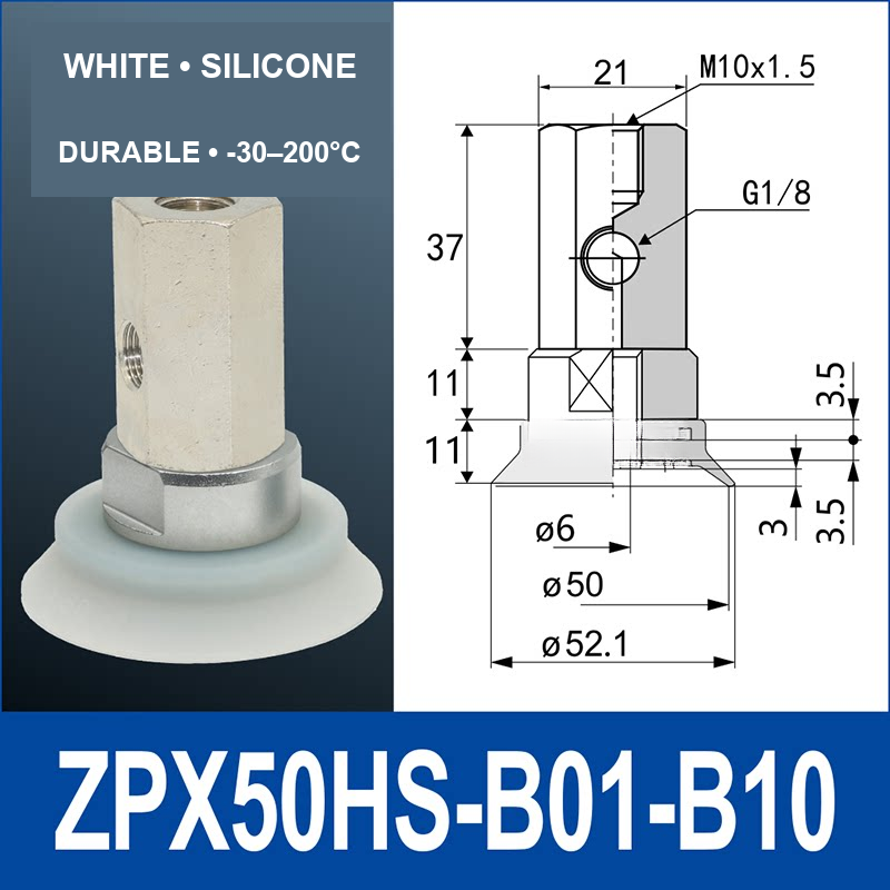 ZPX50HS-B01-B10 heavy-duty vacuum cup assembly with product view and dimensional drawing
