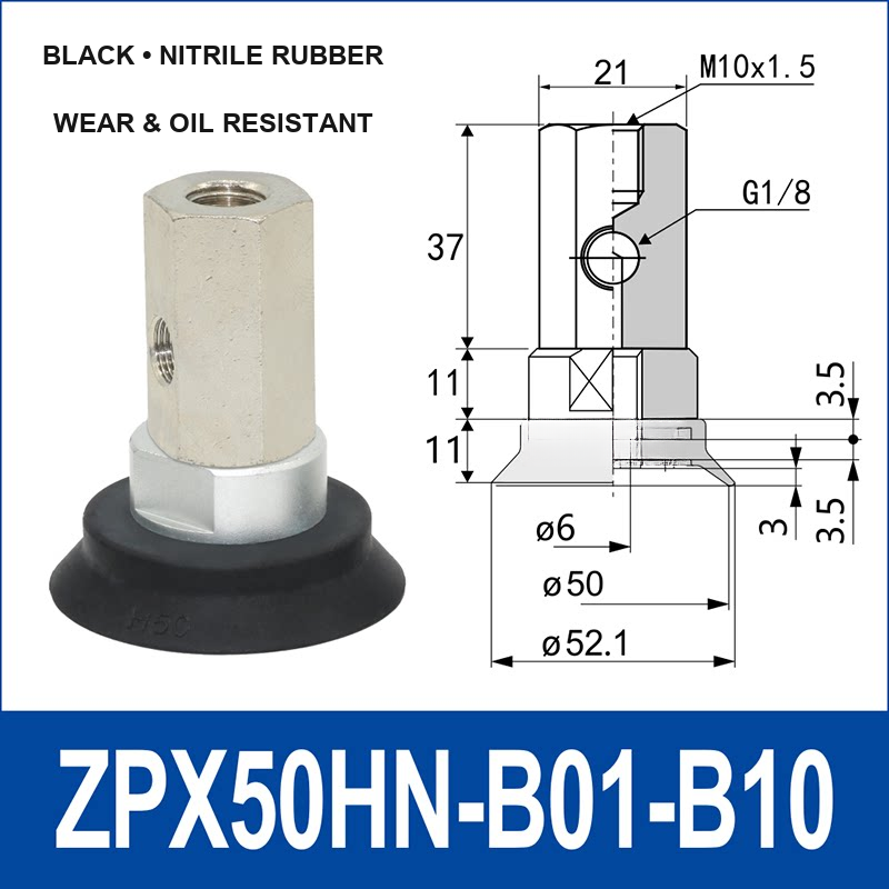 ZPX50HN-B01-B10 heavy-duty vacuum cup assembly with product view and dimensional drawing