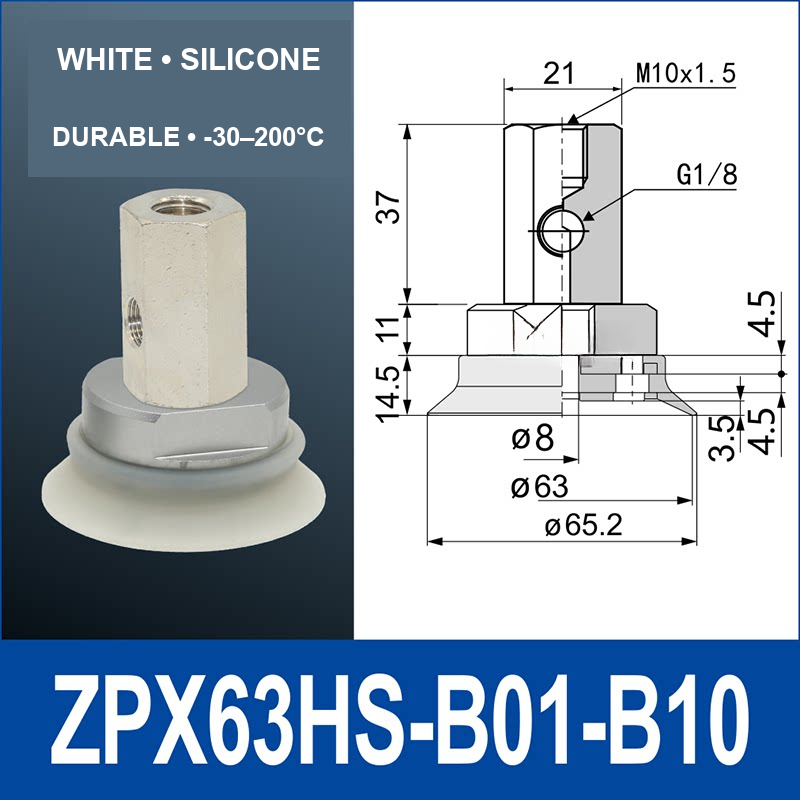 ZPX63HS-B01-B10 heavy-duty vacuum cup assembly with product view and dimensional drawing