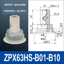 ZPX63HS-B01-B10 heavy-duty vacuum cup assembly with product view and dimensional drawing