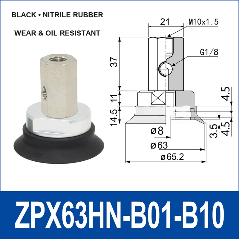 ZPX63HN-B01-B10 heavy-duty vacuum cup assembly with product view and dimensional drawing