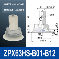 ZPX63HS-B01-B12 heavy-duty vacuum cup assembly with product view and dimensional drawing