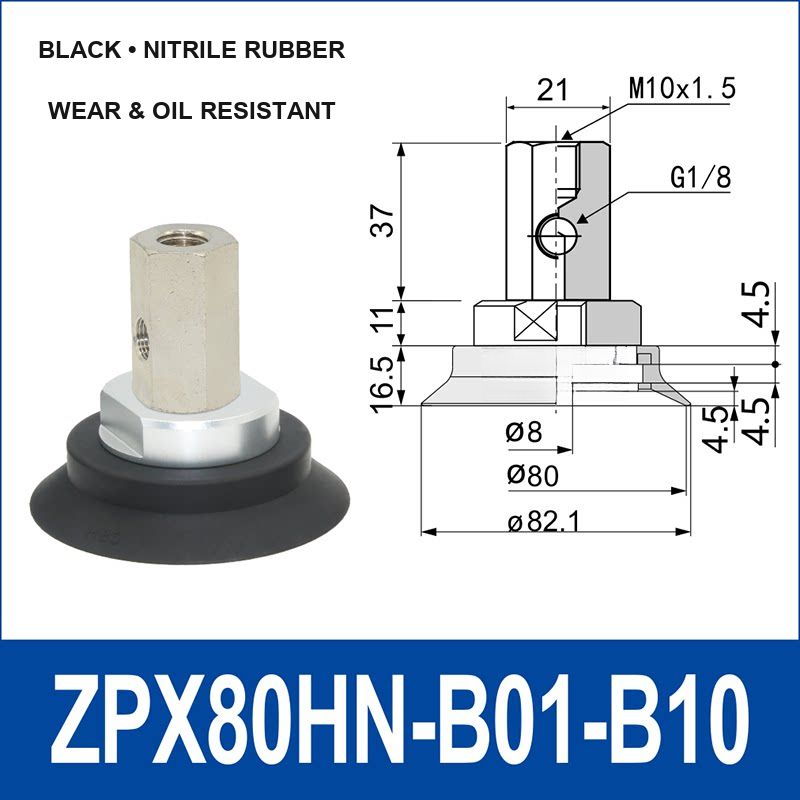 ZPX80HN-B01-B10 heavy-duty vacuum cup assembly with product view and dimensional drawing