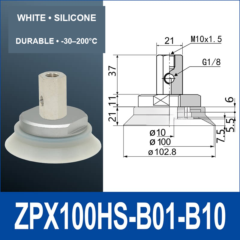 ZPX100HS-B01-B10 heavy-duty vacuum cup assembly with product view and dimensional drawing