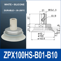 ZPX100HS-B01-B10 heavy-duty vacuum cup assembly with product view and dimensional drawing