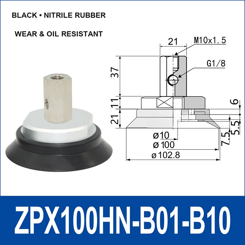 ZPX100HN-B01-B10 heavy-duty vacuum cup assembly with product view and dimensional drawing