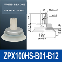 ZPX100HS-B01-B12 heavy-duty vacuum cup assembly with product view and dimensional drawing