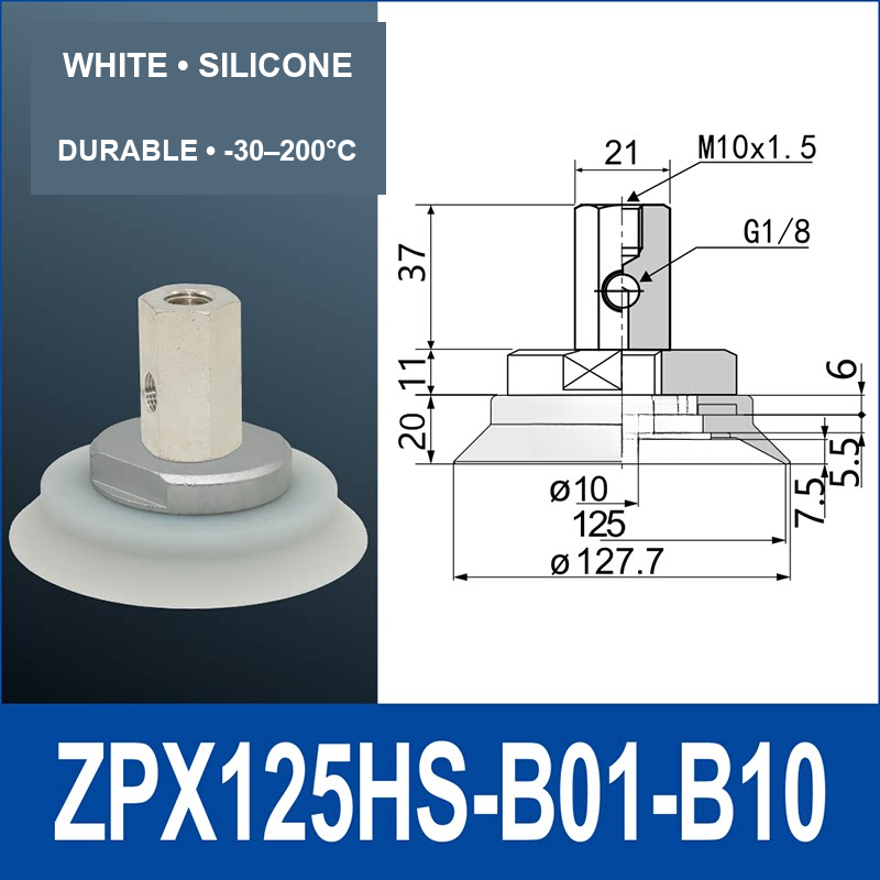ZPX125HS-B01-B10 heavy-duty vacuum cup assembly with product view and dimensional drawing