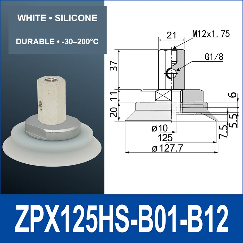 ZPX125HS-B01-B12 heavy-duty vacuum cup assembly with product view and dimensional drawing