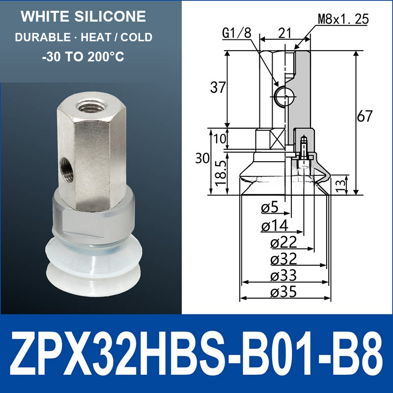 ZPX32HBS-B01-B8 ZPX-HB heavy-duty side-port vacuum cup assembly, Ø32 mm, Silicone, M8 x 1.25 mounting thread, G1/8 vacuum port, with technical dimensions