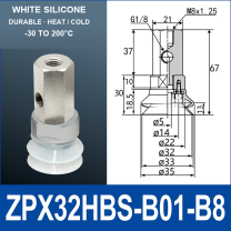 ZPX32HBS-B01-B8 ZPX-HB heavy-duty side-port vacuum cup assembly, Ø32 mm, Silicone, M8 x 1.25 mounting thread, G1/8 vacuum port, with technical dimensions