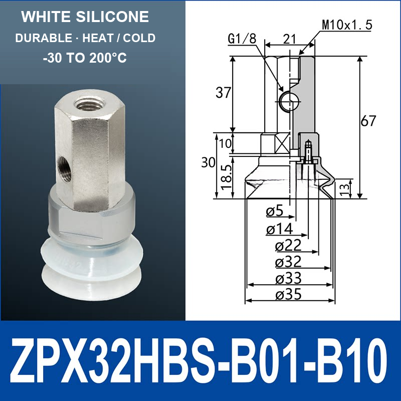 ZPX32HBS-B01-B10 ZPX-HB heavy-duty side-port vacuum cup assembly, Ø32 mm, Silicone, M10 x 1.5 mounting thread, G1/8 vacuum port, with technical dimensions