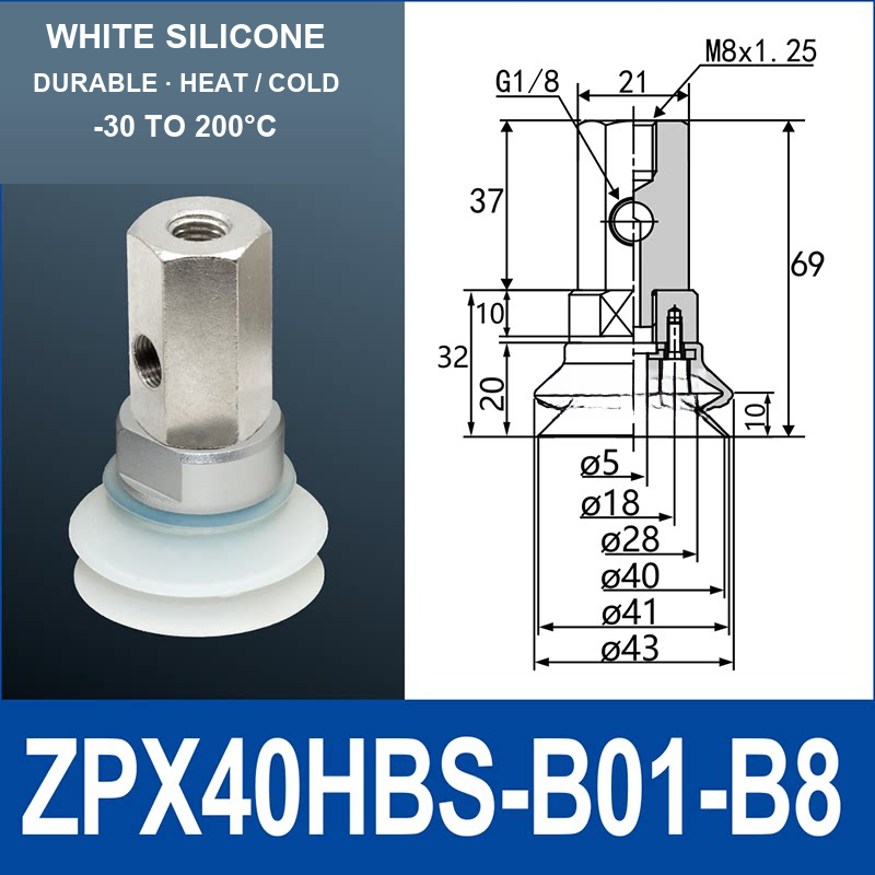 ZPX40HBS-B01-B8 ZPX-HB heavy-duty side-port vacuum cup assembly, Ø40 mm, Silicone, M8 x 1.25 mounting thread, G1/8 vacuum port, with technical dimensions