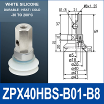 ZPX40HBS-B01-B8 ZPX-HB heavy-duty side-port vacuum cup assembly, Ø40 mm, Silicone, M8 x 1.25 mounting thread, G1/8 vacuum port, with technical dimensions
