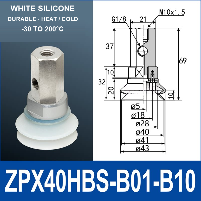 ZPX40HBS-B01-B10 ZPX-HB heavy-duty side-port vacuum cup assembly, Ø40 mm, Silicone, M10 x 1.5 mounting thread, G1/8 vacuum port, with technical dimensions