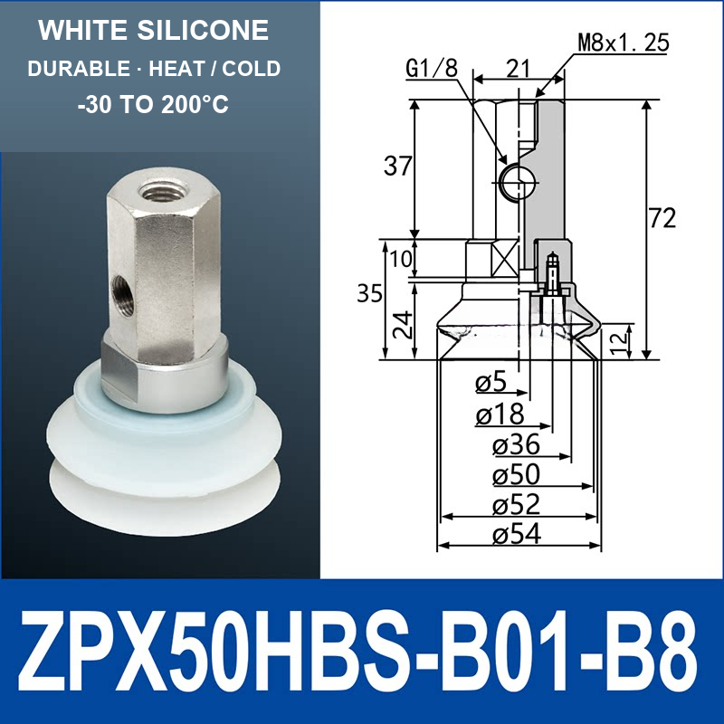 ZPX50HBS-B01-B8 ZPX-HB heavy-duty side-port vacuum cup assembly, Ø50 mm, Silicone, M8 x 1.25 mounting thread, G1/8 vacuum port, with technical dimensions