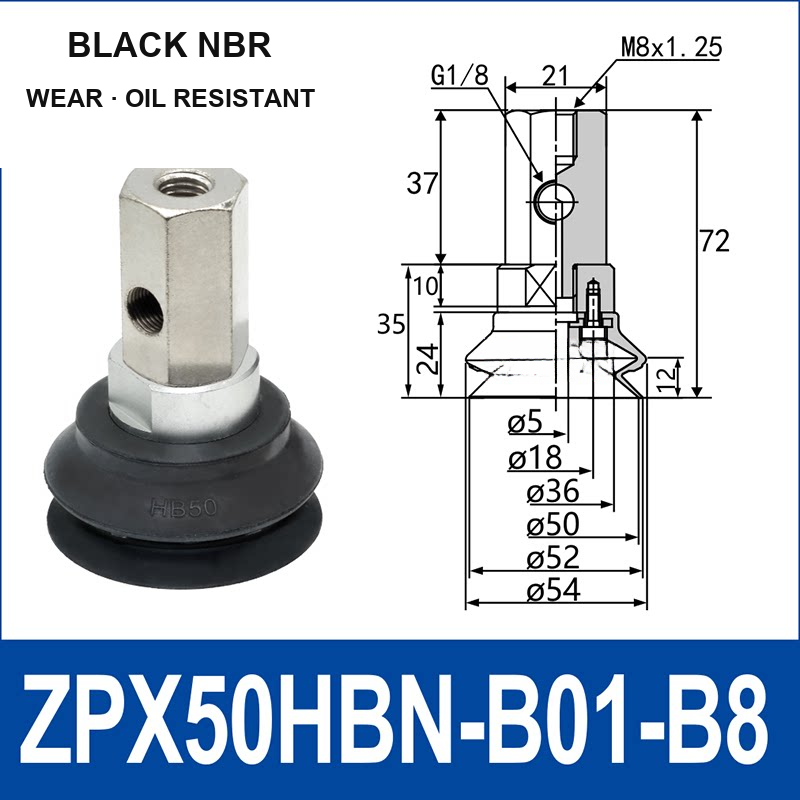 ZPX50HBN-B01-B8 ZPX-HB heavy-duty side-port vacuum cup assembly, Ø50 mm, NBR, M8 x 1.25 mounting thread, G1/8 vacuum port, with technical dimensions