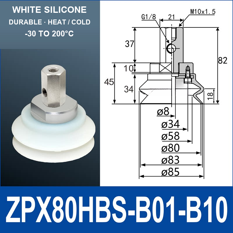 ZPX80HBS-B01-B10 ZPX-HB heavy-duty side-port vacuum cup assembly, Ø80 mm, Silicone, M10 x 1.5 mounting thread, G1/8 vacuum port, with technical dimensions