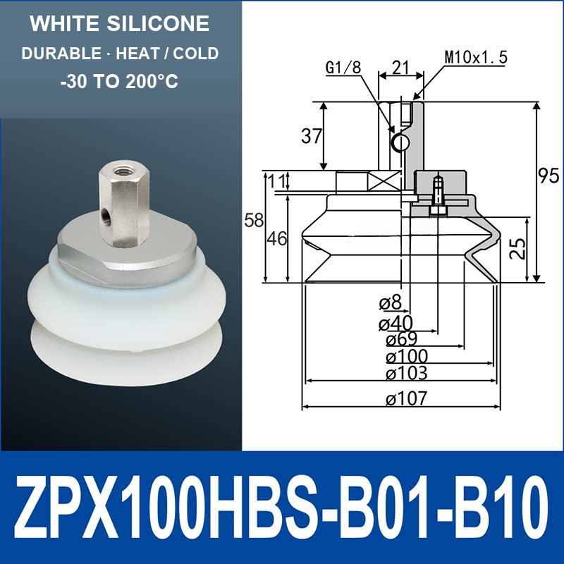 ZPX100HBS-B01-B10 ZPX-HB heavy-duty side-port vacuum cup assembly, Ø100 mm, Silicone, M10 x 1.5 mounting thread, G1/8 vacuum port, with technical dimensions