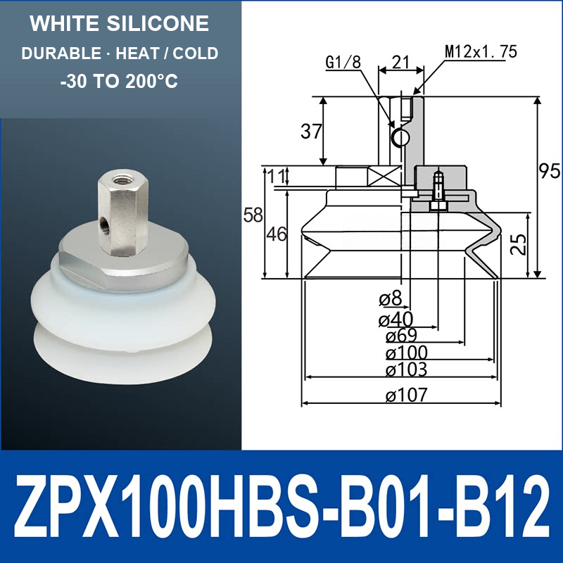ZPX100HBS-B01-B12 ZPX-HB heavy-duty side-port vacuum cup assembly, Ø100 mm, Silicone, M12 x 1.75 mounting thread, G1/8 vacuum port, with technical dimensions
