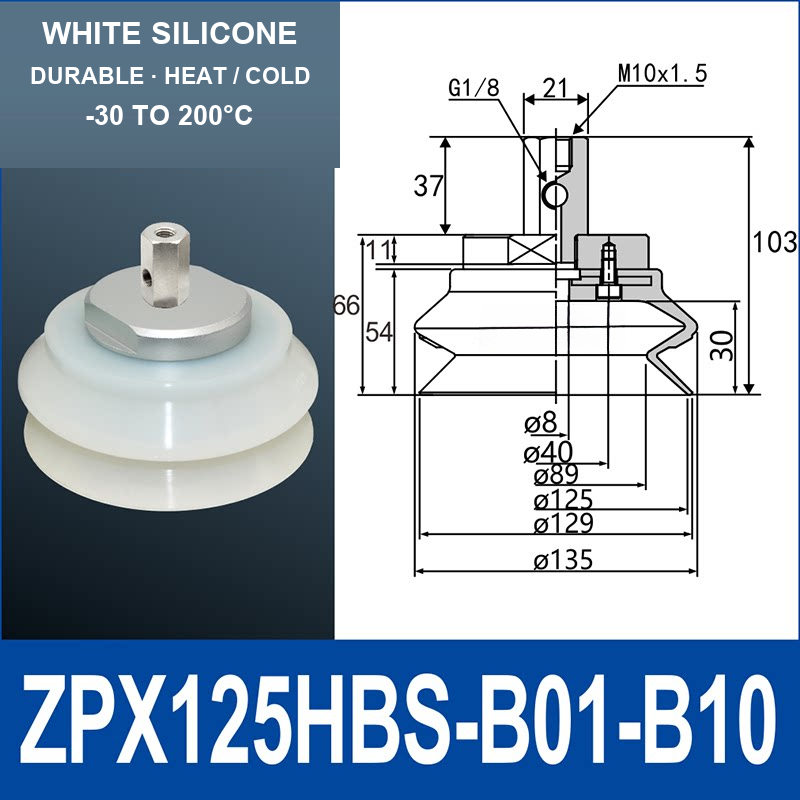 ZPX125HBS-B01-B10 ZPX-HB heavy-duty side-port vacuum cup assembly, Ø125 mm, Silicone, M10 x 1.5 mounting thread, G1/8 vacuum port, with technical dimensions