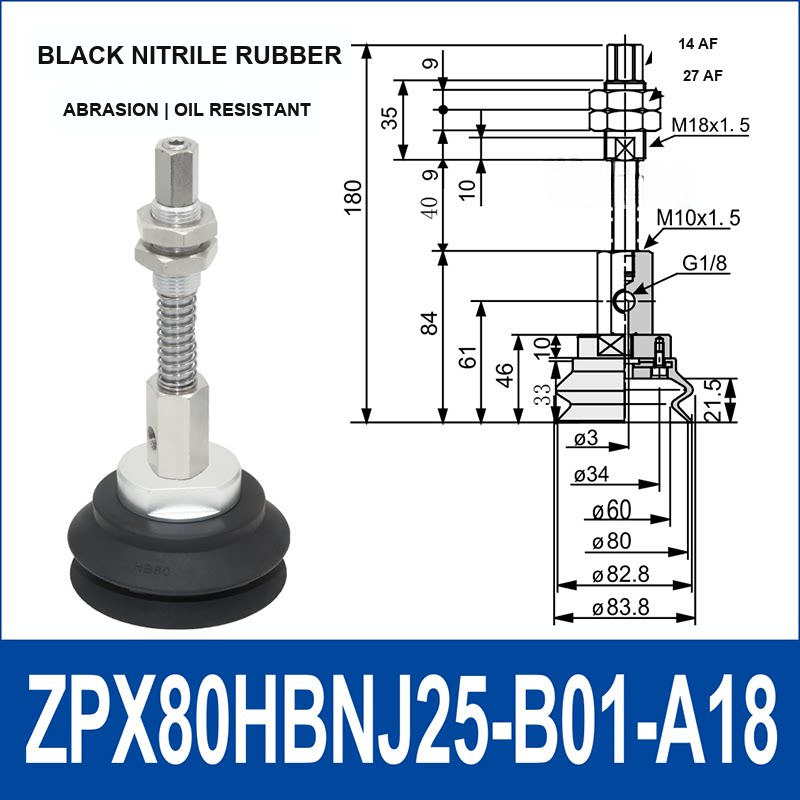 ZPX80HBN-J25-B01-A18 heavy-duty side air-inlet vacuum cup assembly, 80 mm diameter, black nitrile rubber, J25 configuration, with product view and dimensional drawing