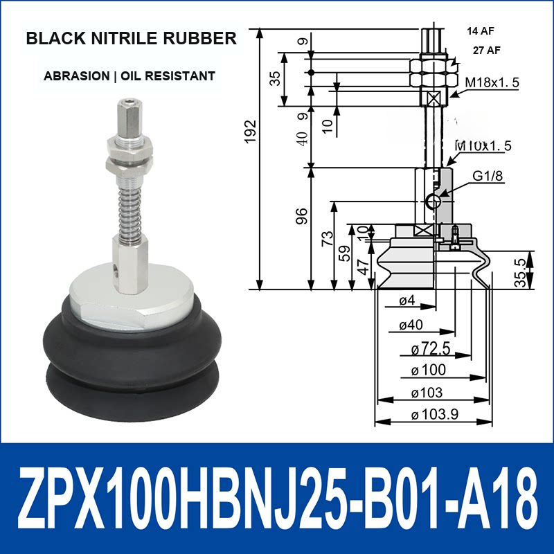 ZPX100HBN-J25-B01-A18 heavy-duty side air-inlet vacuum cup assembly, 100 mm diameter, black nitrile rubber, J25 configuration, with product view and dimensional drawing