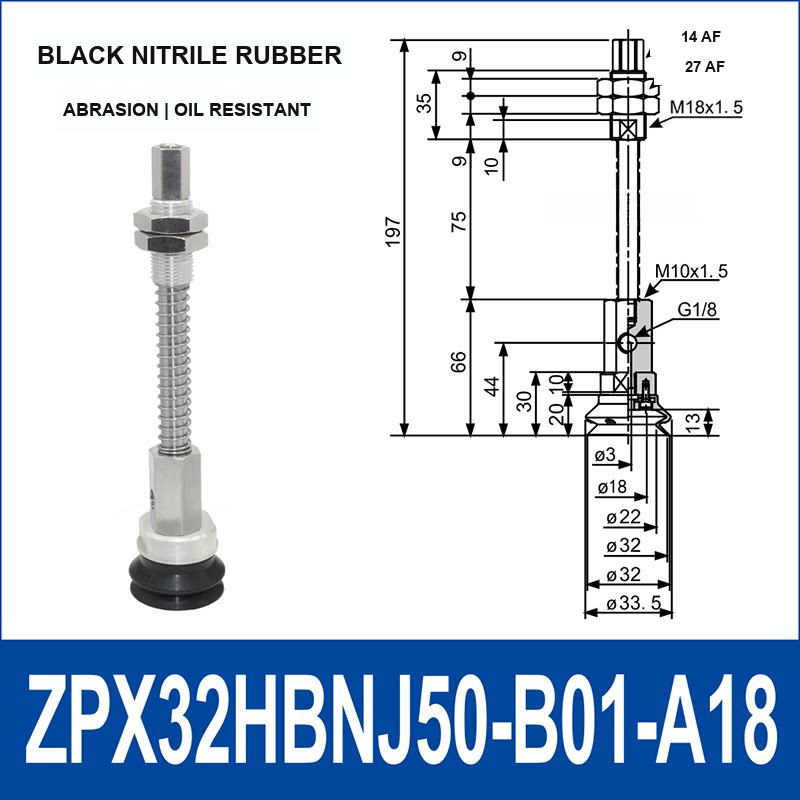ZPX32HBN-J50-B01-A18 heavy-duty side air-inlet vacuum cup assembly, 32 mm diameter, black nitrile rubber, J50 configuration, with product view and dimensional drawing