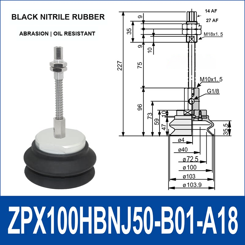 ZPX100HBN-J50-B01-A18 heavy-duty side air-inlet vacuum cup assembly, 100 mm diameter, black nitrile rubber, J50 configuration, with product view and dimensional drawing