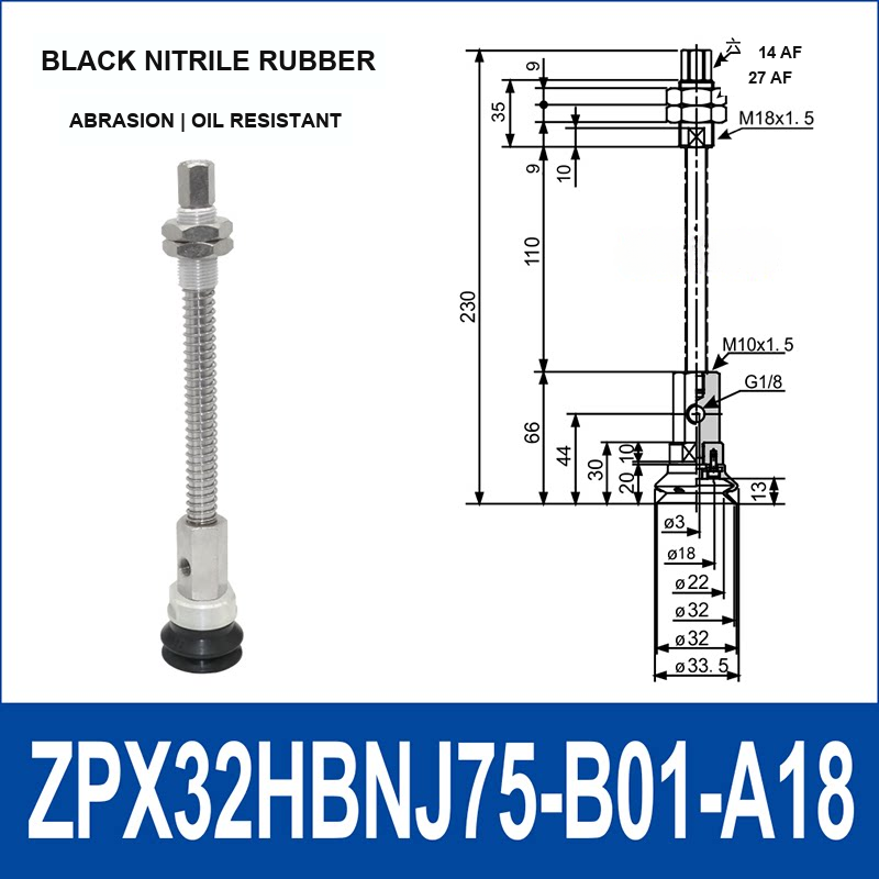 ZPX32HBN-J75-B01-A18 heavy-duty side air-inlet vacuum cup assembly, 32 mm diameter, black nitrile rubber, J75 configuration, with product view and dimensional drawing