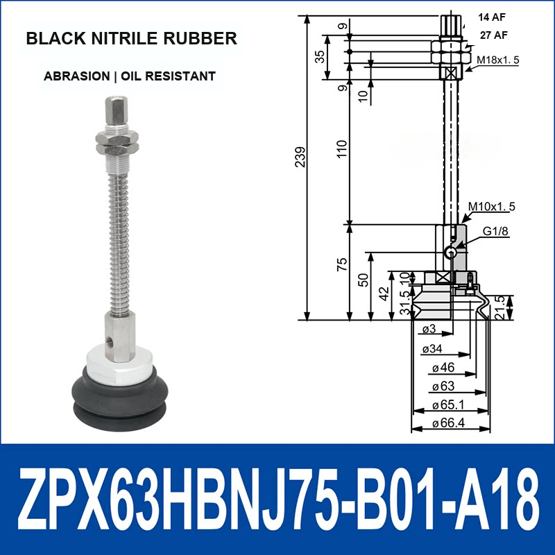 ZPX63HBN-J75-B01-A18 heavy-duty side air-inlet vacuum cup assembly, 63 mm diameter, black nitrile rubber, J75 configuration, with product view and dimensional drawing