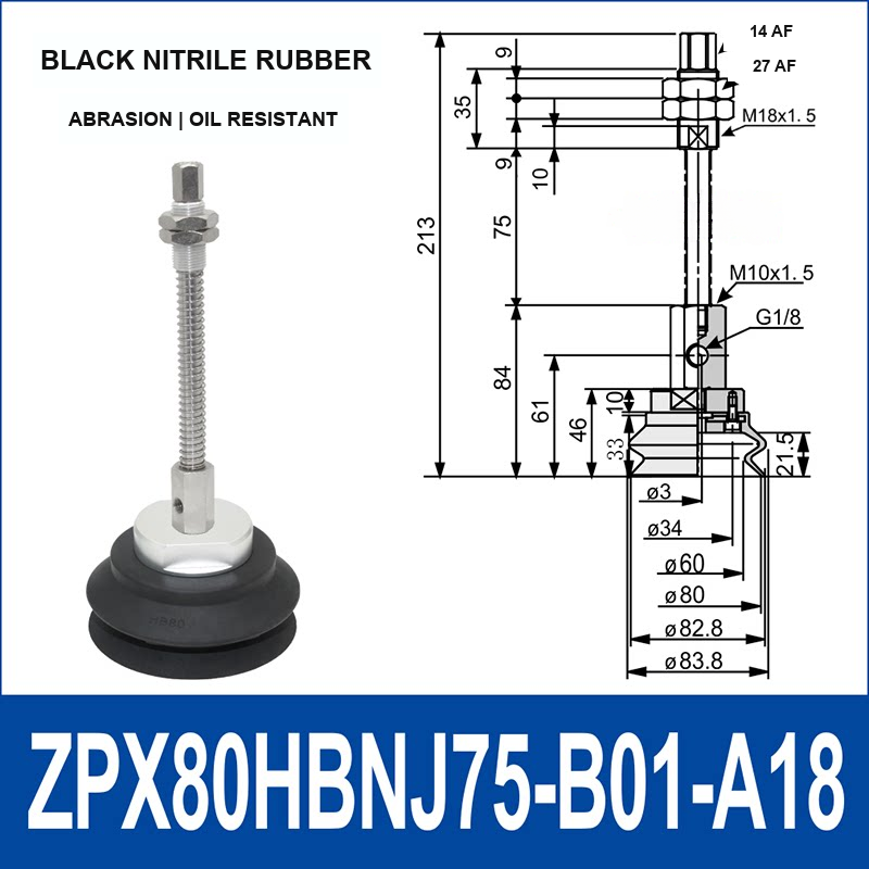 ZPX80HBN-J75-B01-A18 heavy-duty side air-inlet vacuum cup assembly, 80 mm diameter, black nitrile rubber, J75 configuration, with product view and dimensional drawing