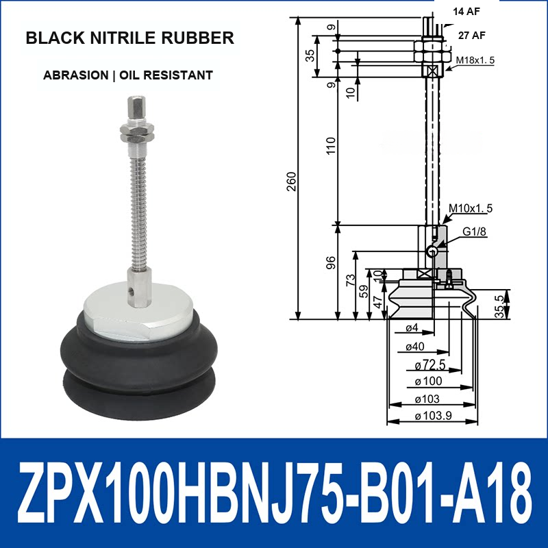 ZPX100HBN-J75-B01-A18 heavy-duty side air-inlet vacuum cup assembly, 100 mm diameter, black nitrile rubber, J75 configuration, with product view and dimensional drawing