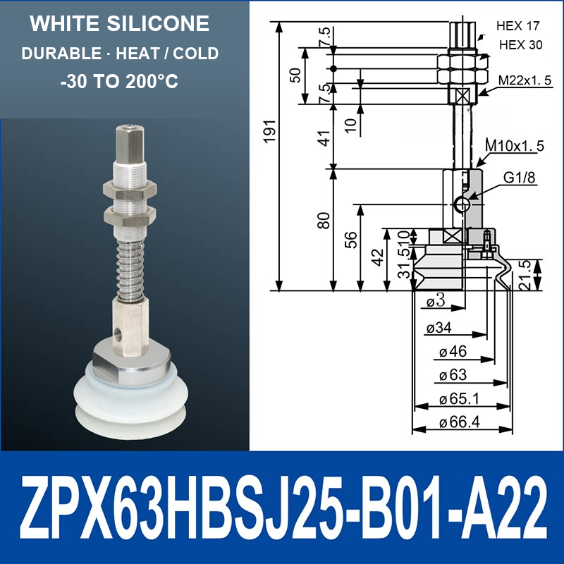 ZPX63HBS-J25-B01-A22 ZPX-HB spring-loaded vacuum cup assembly, Ø63 mm, Silicone, J25, with technical dimensions
