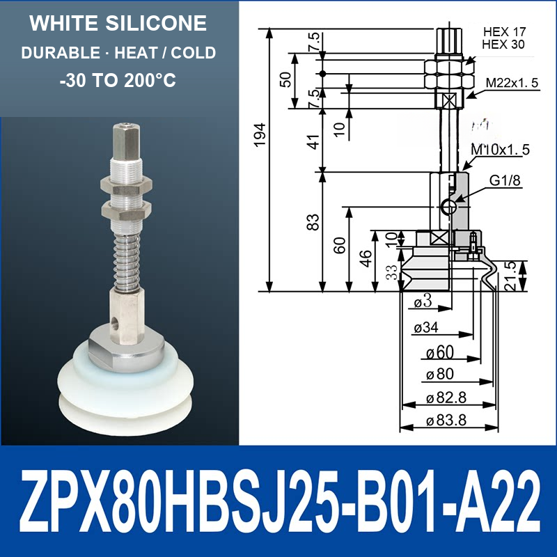 ZPX80HBS-J25-B01-A22 ZPX-HB spring-loaded vacuum cup assembly, Ø80 mm, Silicone, J25, with technical dimensions