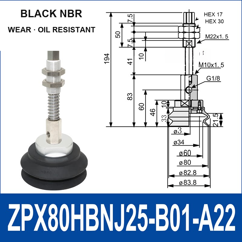 ZPX80HBN-J25-B01-A22 ZPX-HB spring-loaded vacuum cup assembly, Ø80 mm, NBR, J25, with technical dimensions