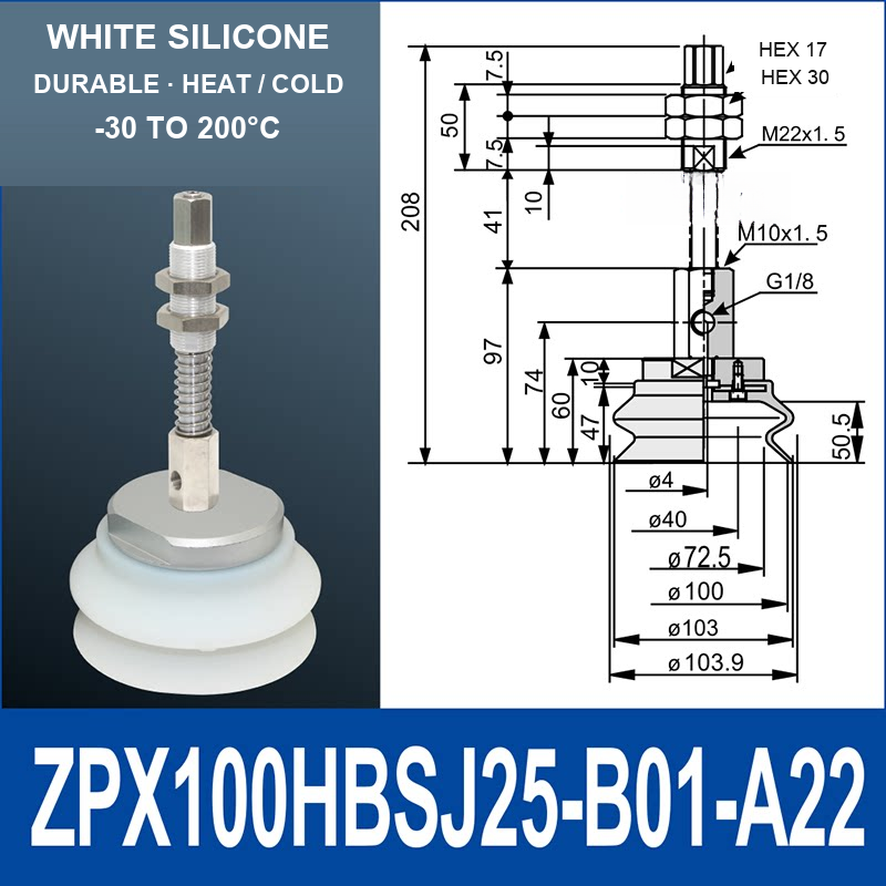 ZPX100HBS-J25-B01-A22 ZPX-HB spring-loaded vacuum cup assembly, Ø100 mm, Silicone, J25, with technical dimensions