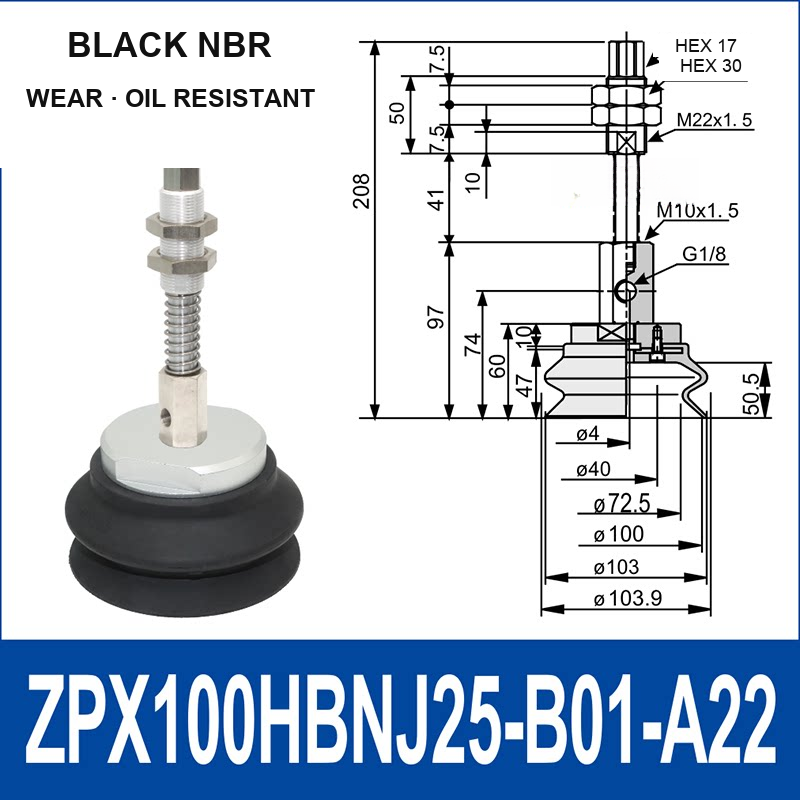 ZPX100HBN-J25-B01-A22 ZPX-HB spring-loaded vacuum cup assembly, Ø100 mm, NBR, J25, with technical dimensions
