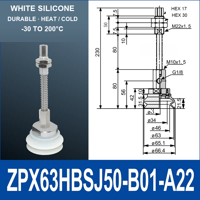 ZPX63HBS-J50-B01-A22 ZPX-HB spring-loaded vacuum cup assembly, Ø63 mm, Silicone, J50, with technical dimensions