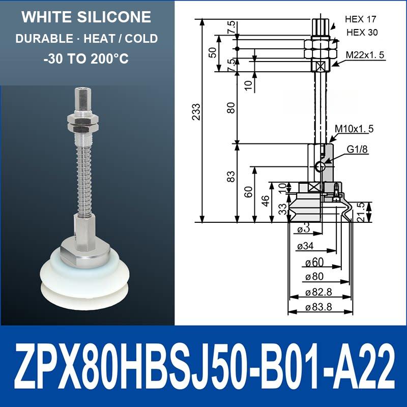 ZPX80HBS-J50-B01-A22 ZPX-HB spring-loaded vacuum cup assembly, Ø80 mm, Silicone, J50, with technical dimensions