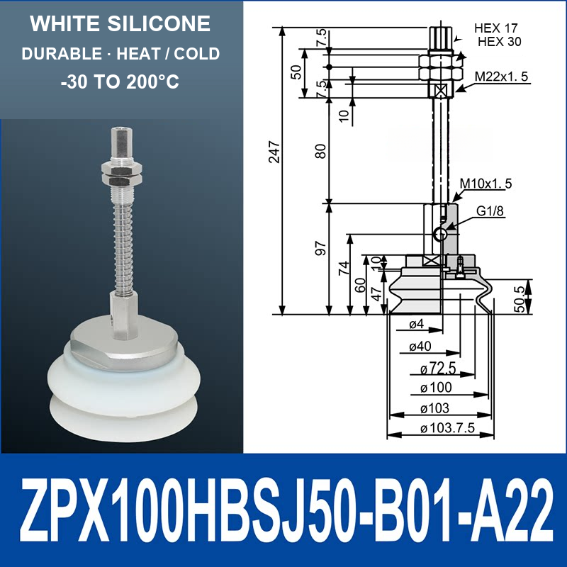 ZPX100HBS-J50-B01-A22 ZPX-HB spring-loaded vacuum cup assembly, Ø100 mm, Silicone, J50, with technical dimensions