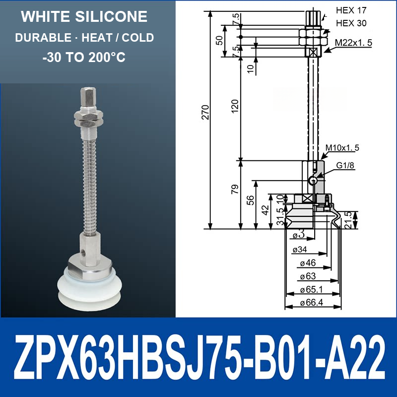 ZPX63HBS-J75-B01-A22 ZPX-HB spring-loaded vacuum cup assembly, Ø63 mm, Silicone, J75, with technical dimensions