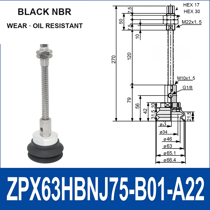 ZPX63HBN-J75-B01-A22 ZPX-HB spring-loaded vacuum cup assembly, Ø63 mm, NBR, J75, with technical dimensions