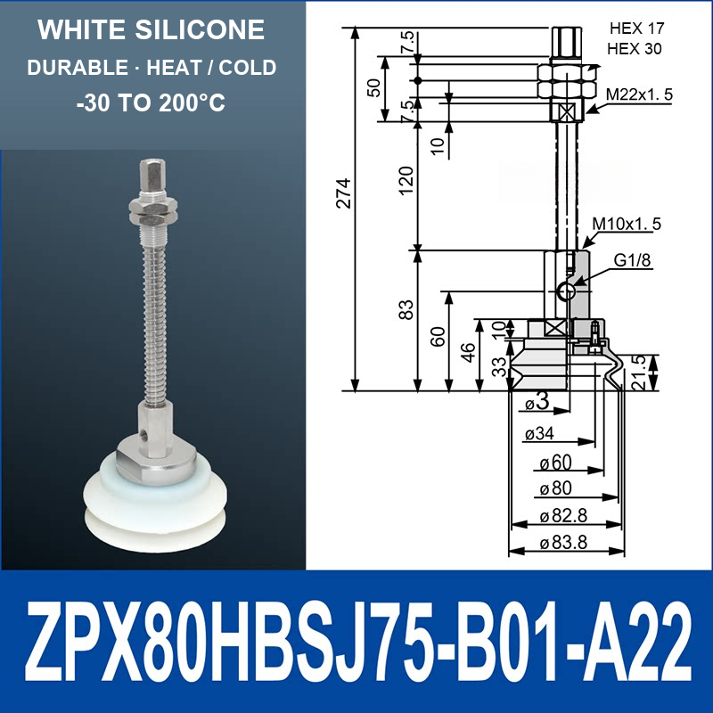ZPX80HBS-J75-B01-A22 ZPX-HB spring-loaded vacuum cup assembly, Ø80 mm, Silicone, J75, with technical dimensions