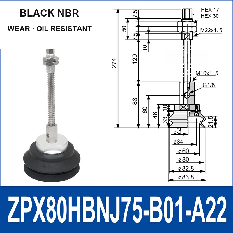 ZPX80HBN-J75-B01-A22 ZPX-HB spring-loaded vacuum cup assembly, Ø80 mm, NBR, J75, with technical dimensions