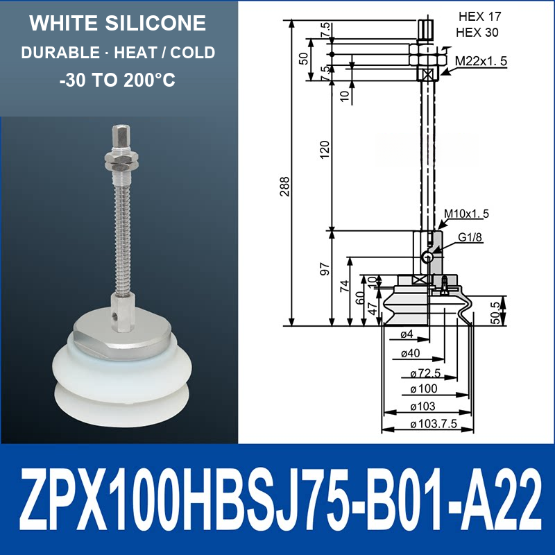 ZPX100HBS-J75-B01-A22 ZPX-HB spring-loaded vacuum cup assembly, Ø100 mm, Silicone, J75, with technical dimensions