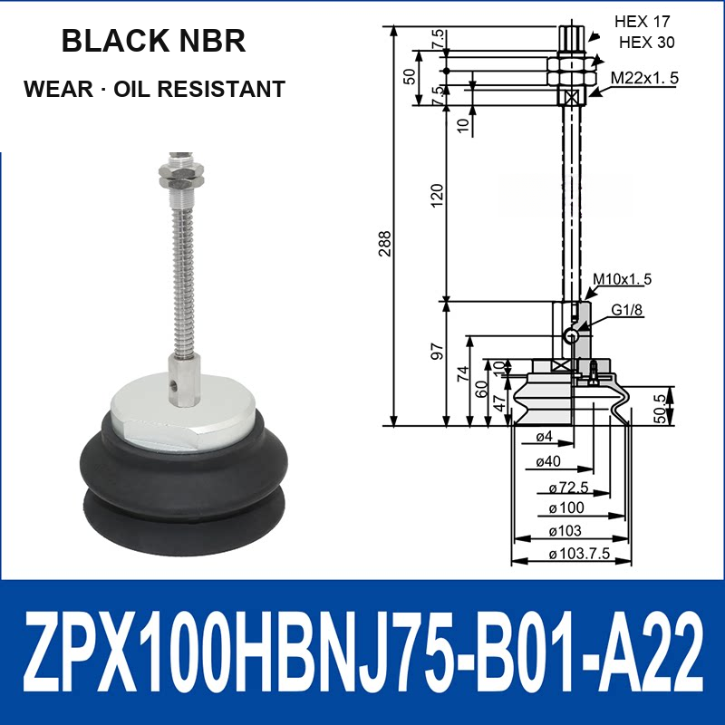 ZPX100HBN-J75-B01-A22 ZPX-HB spring-loaded vacuum cup assembly, Ø100 mm, NBR, J75, with technical dimensions
