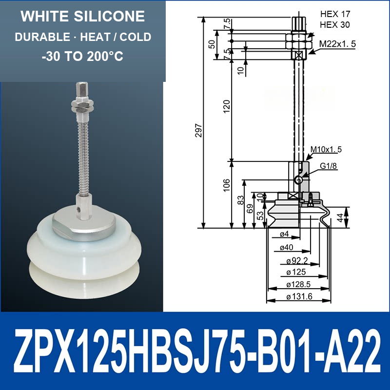 ZPX125HBS-J75-B01-A22 ZPX-HB spring-loaded vacuum cup assembly, Ø125 mm, Silicone, J75, with technical dimensions