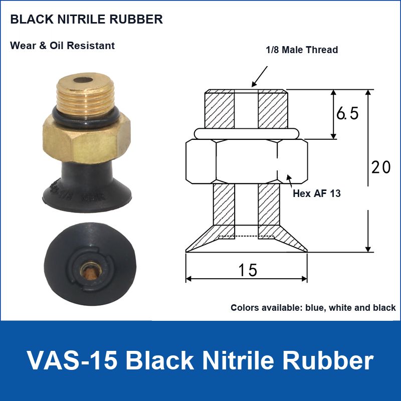 VAS-15 Black Nitrile Rubber vacuum suction cup with technical dimensions